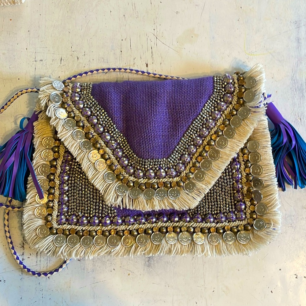 Shashi Boho Jeweled Coin Fringe Clutch